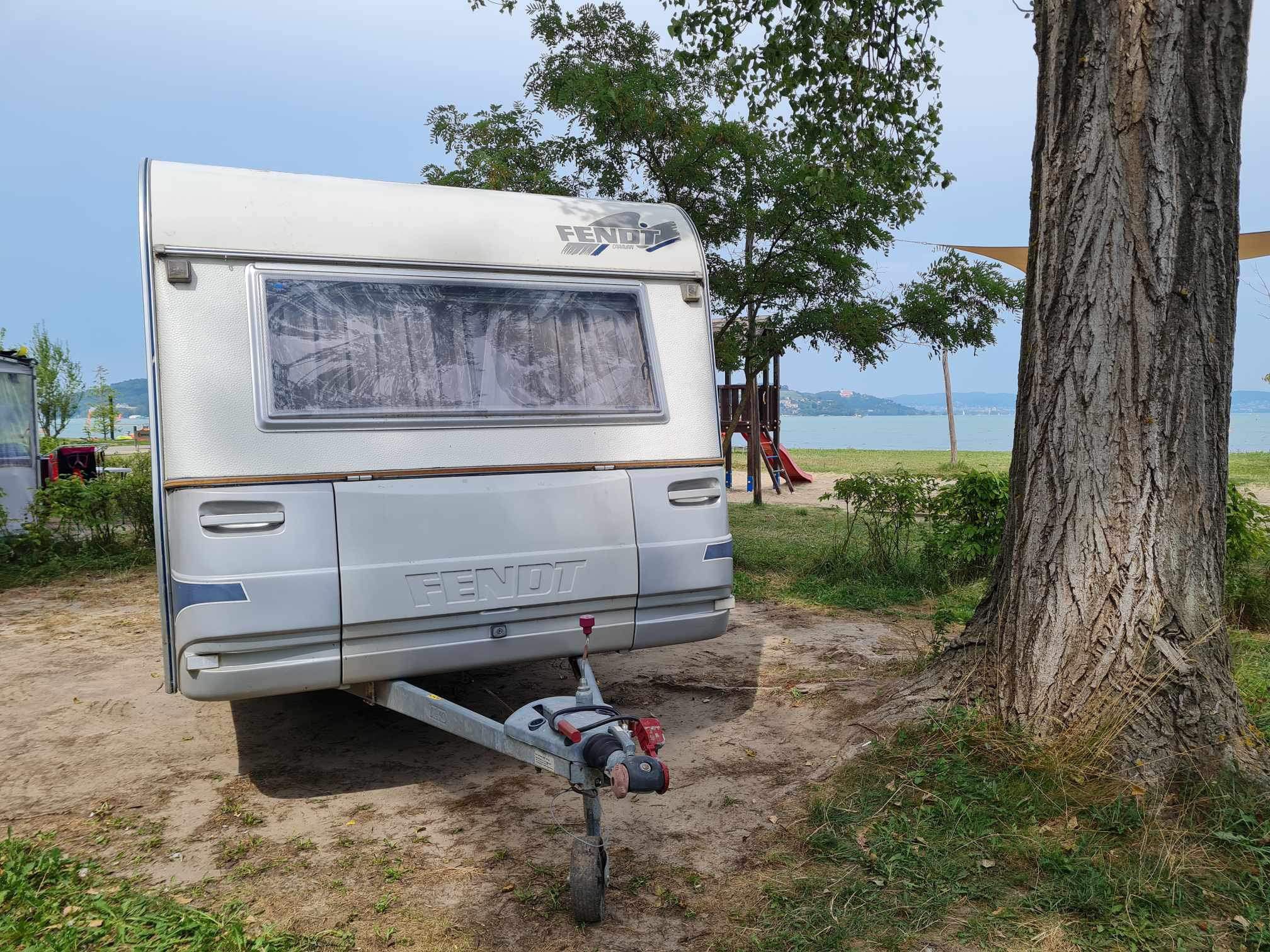 Happy camper van near the lake Balaton